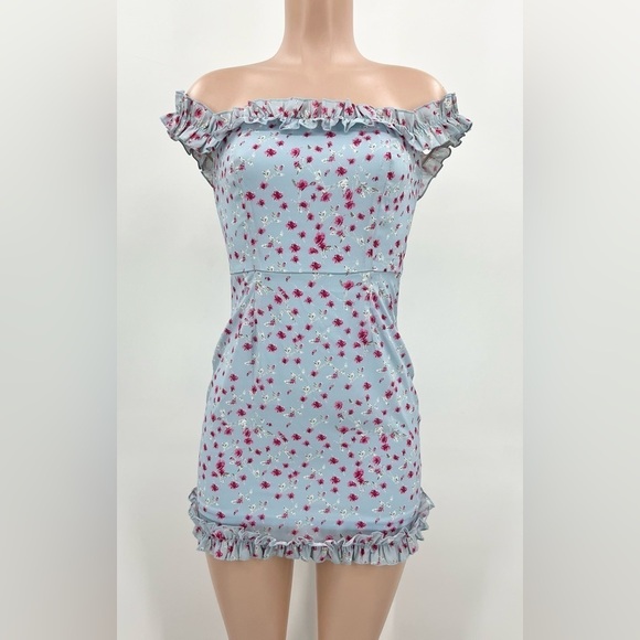 Superdown Blue Floral Off-Shoulder Ruffle Mini Dress - Picture 1 of 12